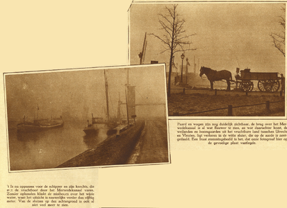 873865 Collage van 2 foto's betreffende 'Utrecht in de mist', met links een afbeelding van schepen op het Merwedekanaal ...